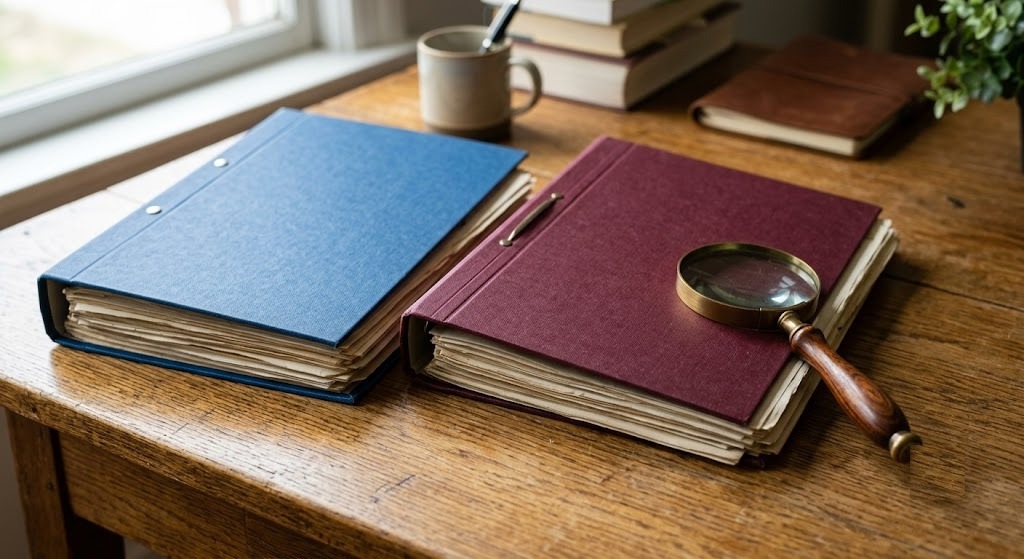 Comparing two property document folders with a magnifying glass