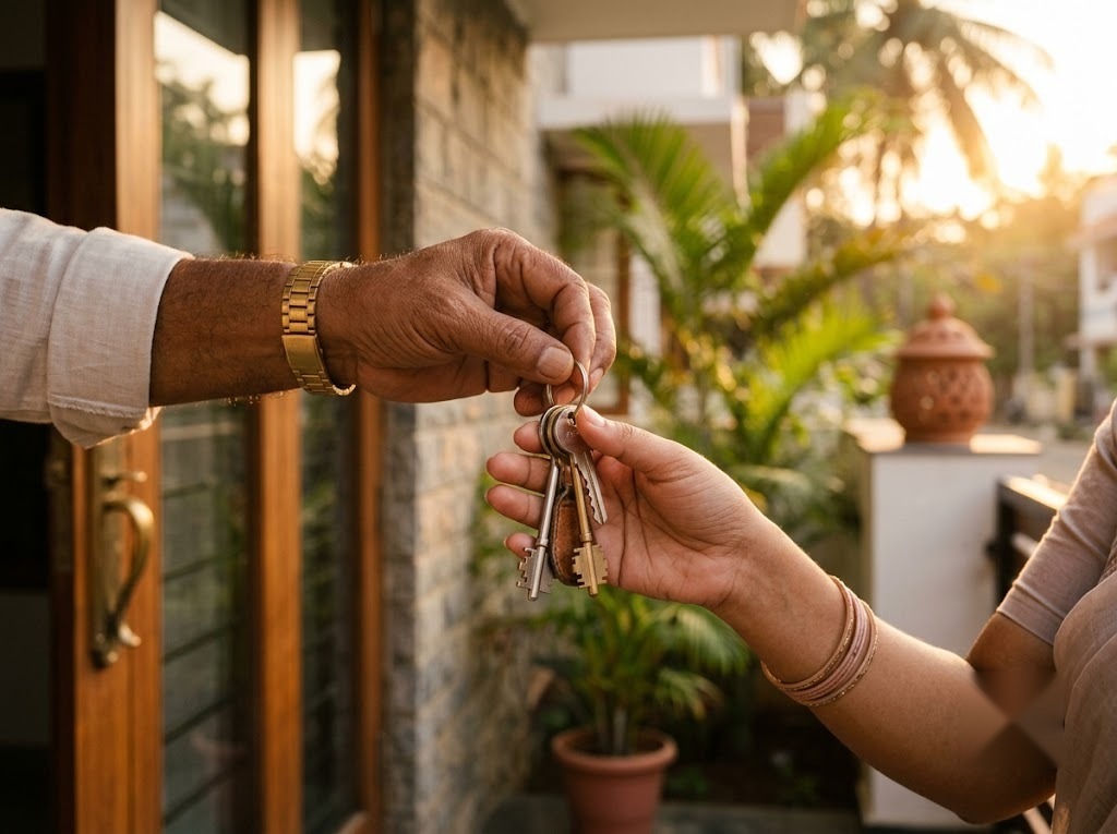 Handing over house keys after a property sale